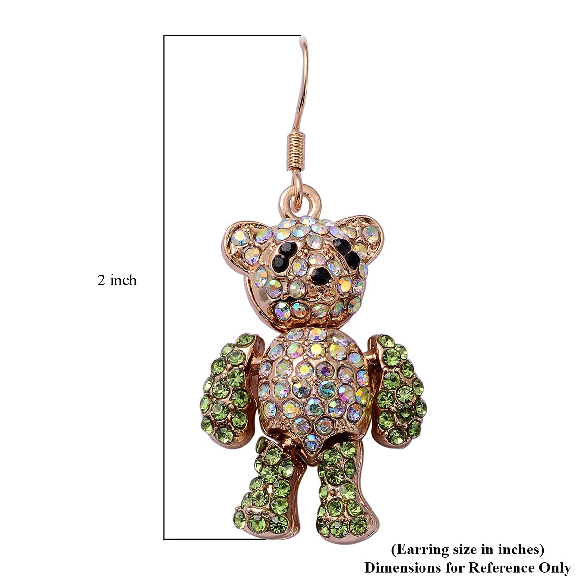 Green, Aurora Borealis and Black Austrian Crystal Teddy Bear Earrings in Goldtone and ION Plated Yellow Gold Stainless Steel image number 3