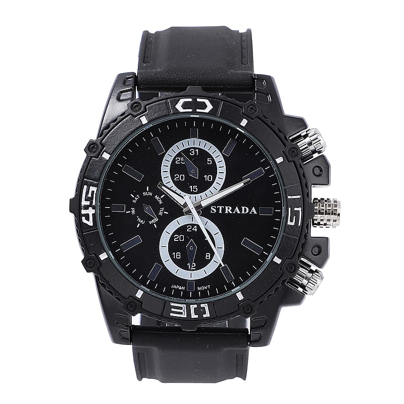 Strada Japanese Movement Sport Watch with Black Silicone Strap