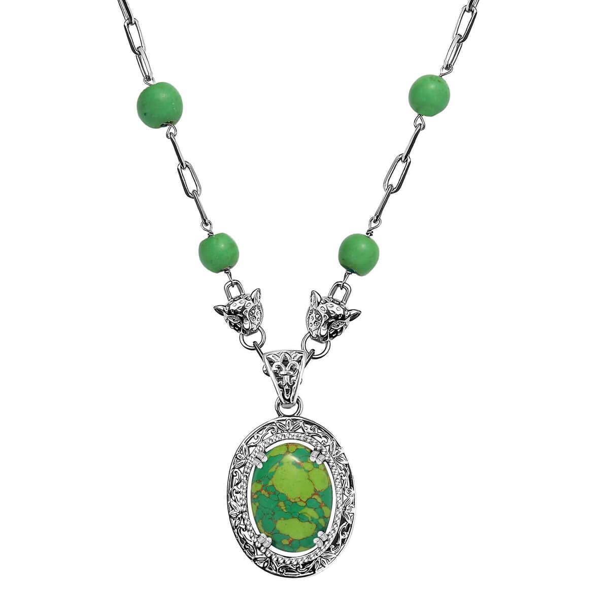 Mojave Green Turquoise 19.50 ctw Paper Clip and Leopard Head Necklace in Platinum Bond 18 -20 Inches image number 0