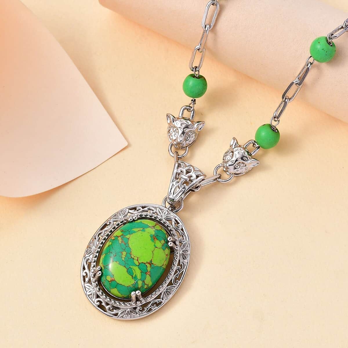 Mojave Green Turquoise 19.50 ctw Paper Clip and Leopard Head Necklace in Platinum Bond 18 -20 Inches image number 1