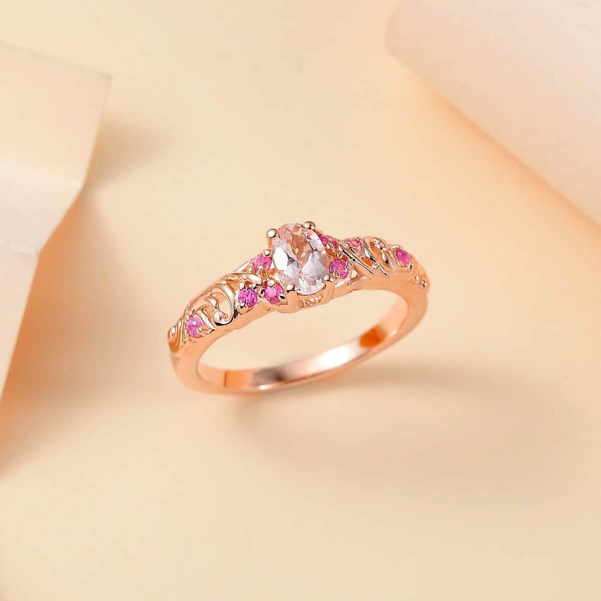 Premium Marropino Morganite, Madagascar Pink Sapphire Ring in 18K Vermeil RG Over Sterling Silver (Size 10.0) 0.55 ctw image number 1