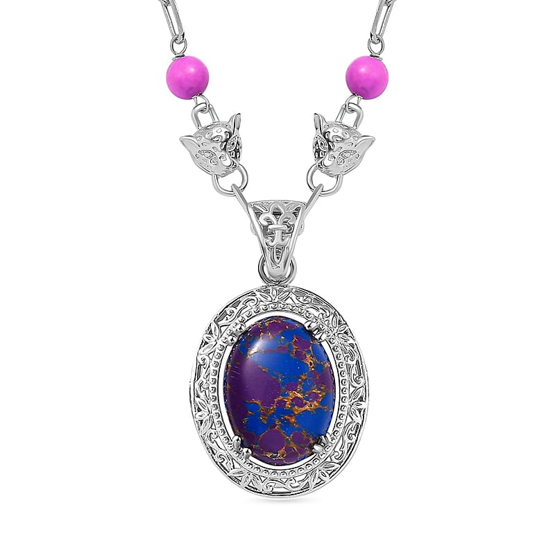 EverTrue Mojave Purple Turquoise 27.00 ctw Paper Clip and Leopard Head Necklace in Platinum Bond 18 -20 Inches