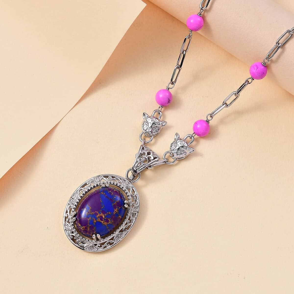 Mojave Purple Turquoise 27.00 ctw Paper Clip and Leopard Head Necklace in Platinum Bond 18 -20 Inches image number 1