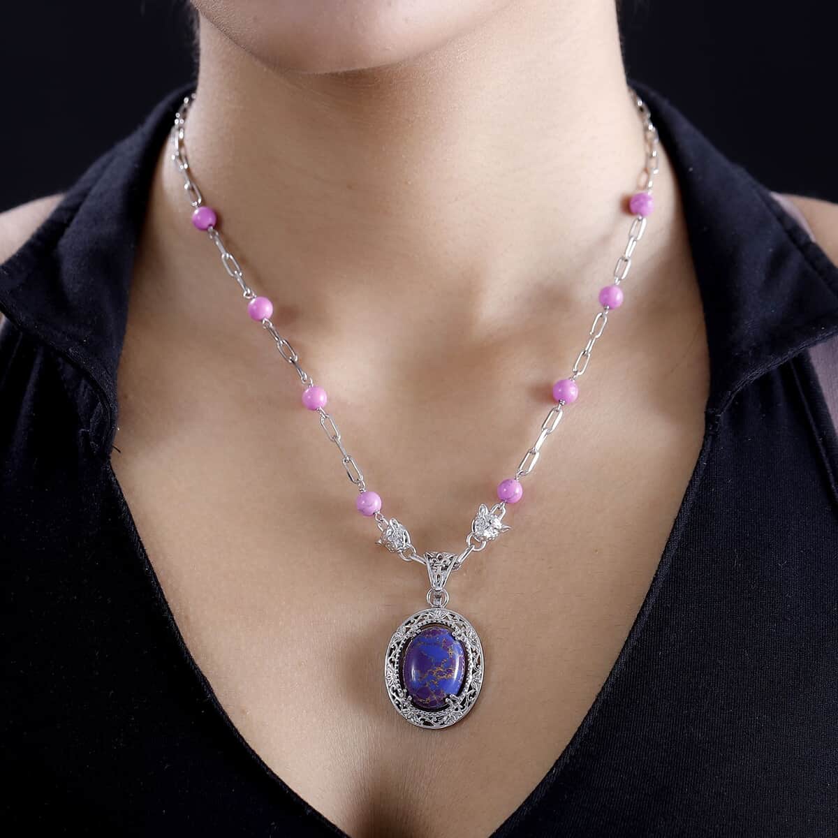 Mojave Purple Turquoise 27.00 ctw Paper Clip and Leopard Head Necklace in Platinum Bond 18 -20 Inches image number 2