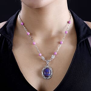 EverTrue Mojave Purple Turquoise 27.00 ctw Paper Clip and Leopard Head Necklace in Platinum Bond 18 -20 Inches