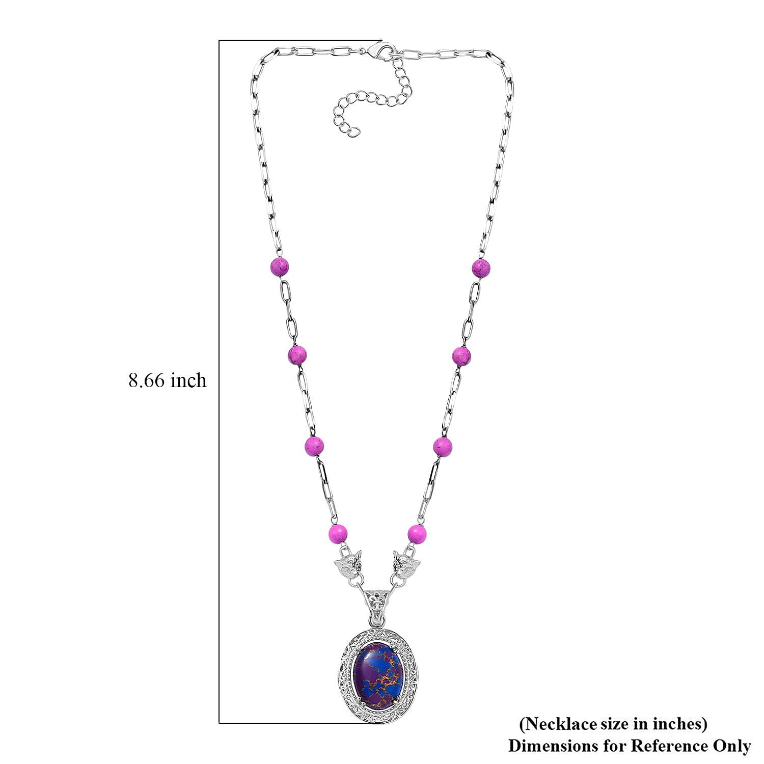EverTrue Mojave Purple Turquoise 27.00 ctw Paper Clip and Leopard Head Necklace in Platinum Bond 18 -20 Inches