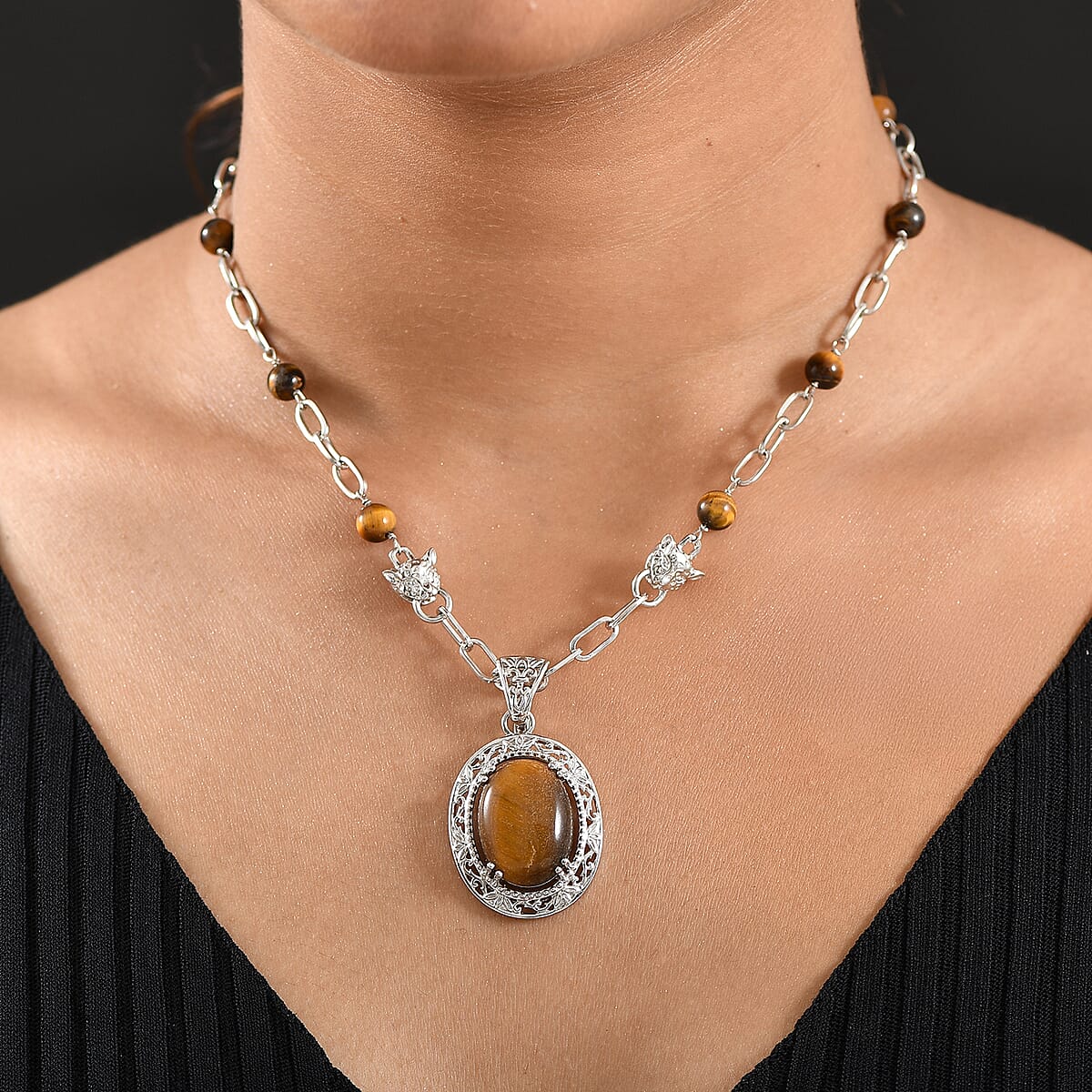 EverTrue Tigers Eye 29.65 ctw Fancy Necklace 18 Inches in Platinum Bond image number 2