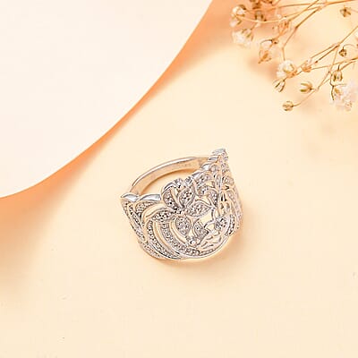 Karis White Diamond Accent Floral Bee Ring in Platinum Bond (Size 10.0)