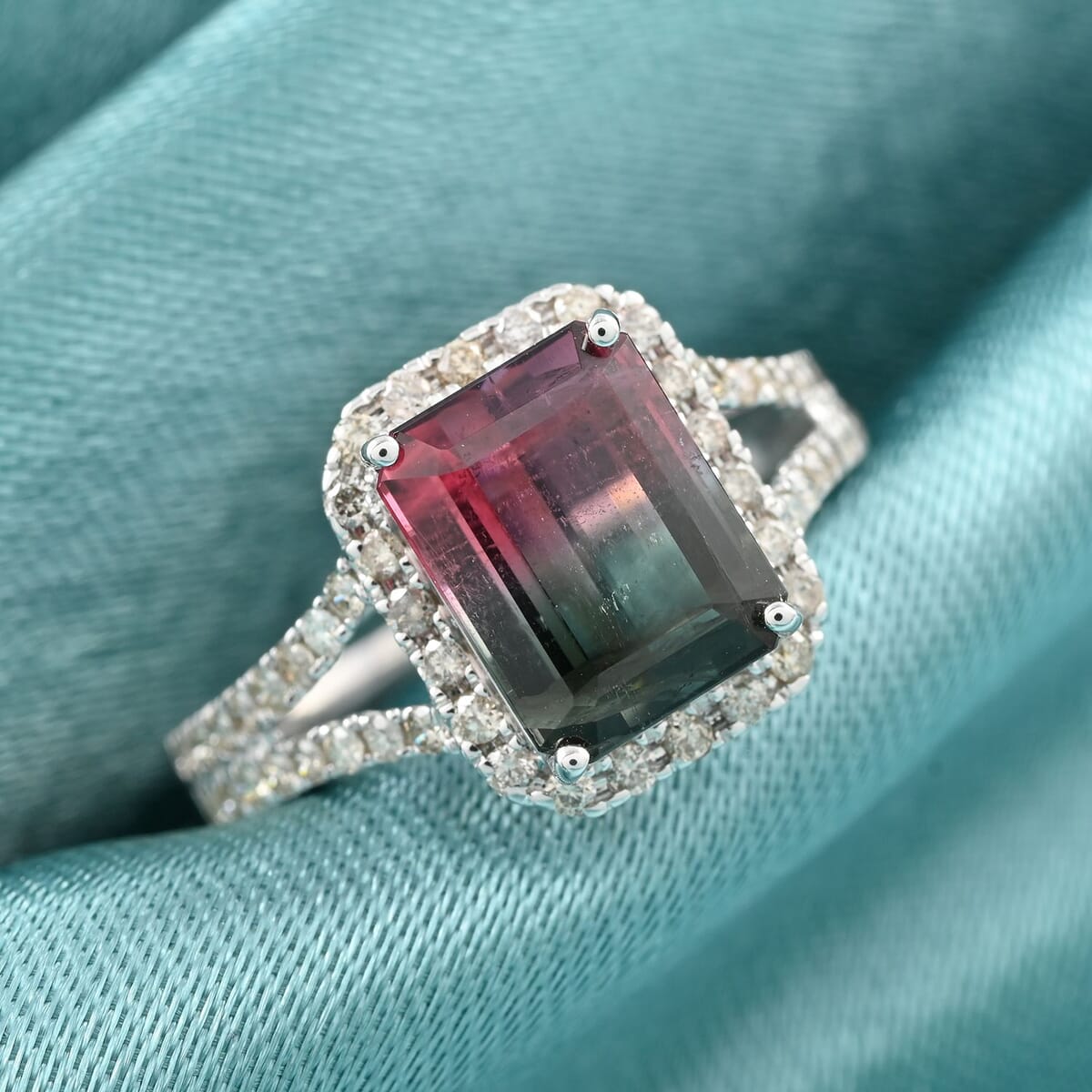 Certified & Appraised Luxoro 14K White Gold AAA Bi-Color Tourmaline and G-H I2 Diamond Split Shank Ring (Size 10.5) 3.70 ctw image number 1