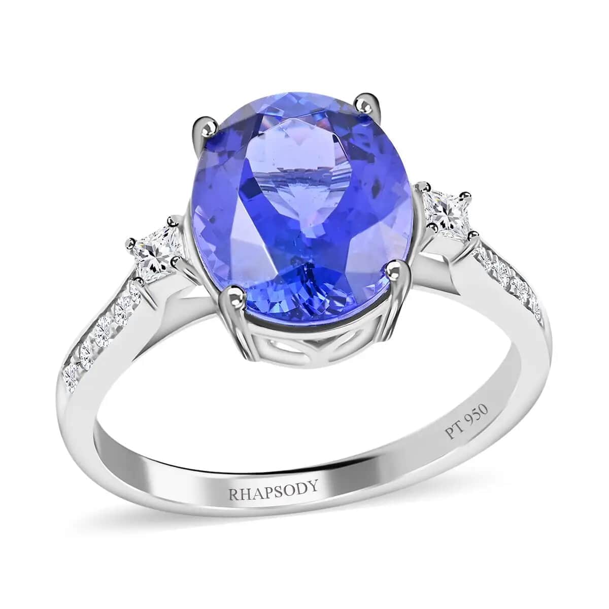 Certified and Appraised Rhapsody 950 Platinum AAAA Tanzanite and E-F VS Diamond Ring (Size 7.5) 5 Grams 4.35 ctw image number 0