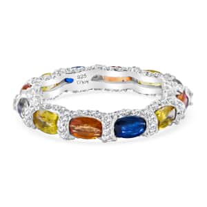 Premium Multi Sapphire and Moissanite 4.25 ctw Rainbow Eternity Ring in Rhodium Over Sterling Silver (Size 7.0)