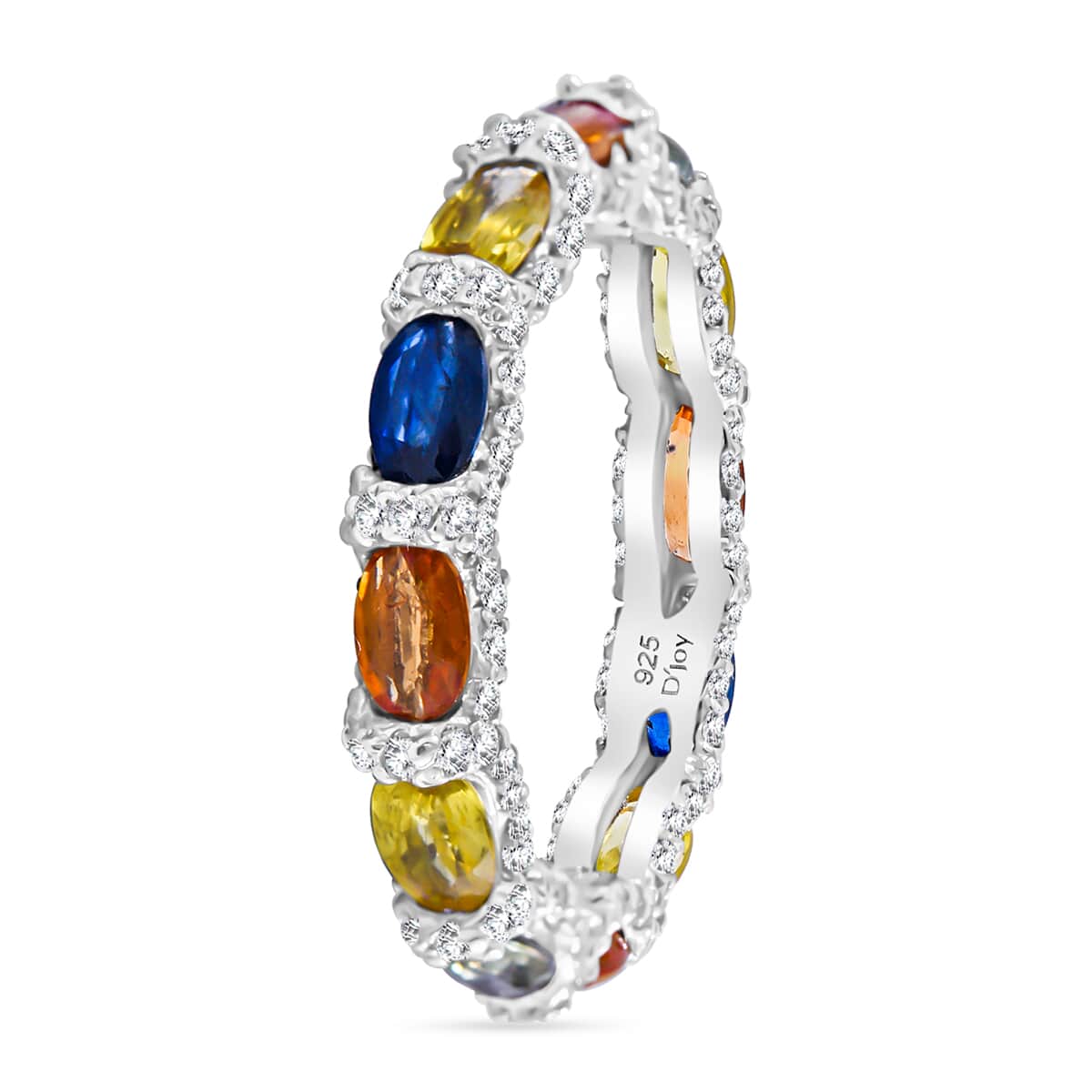 Premium Multi Sapphire and Moissanite 4.25 ctw Rainbow Eternity Ring in Rhodium Over Sterling Silver (Size 7.0) image number 2