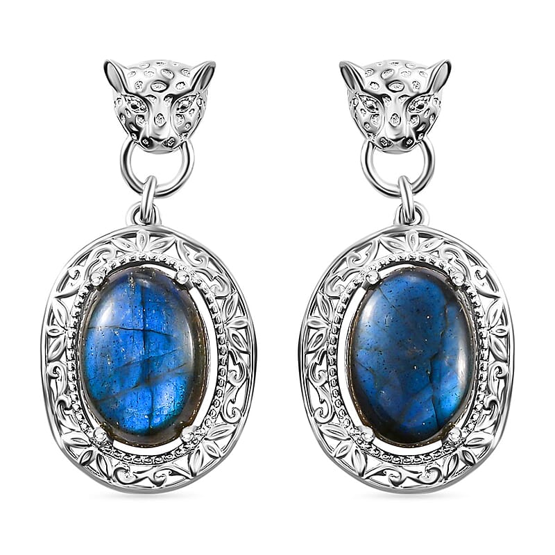 EverTrue Malagasy Labradorite 14.00 ctw Leopard Head Dangle Earrings in Platinum Bond