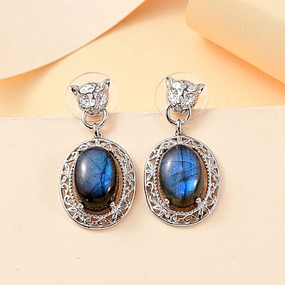 EverTrue Malagasy Labradorite 14.00 ctw Leopard Head Dangle Earrings in Platinum Bond