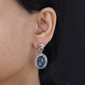 EverTrue Malagasy Labradorite 14.00 ctw Leopard Head Dangle Earrings in Platinum Bond