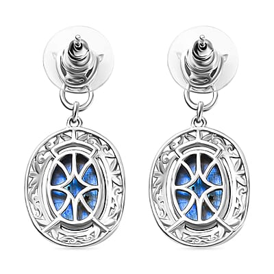 EverTrue Malagasy Labradorite 14.00 ctw Leopard Head Dangle Earrings in Platinum Bond