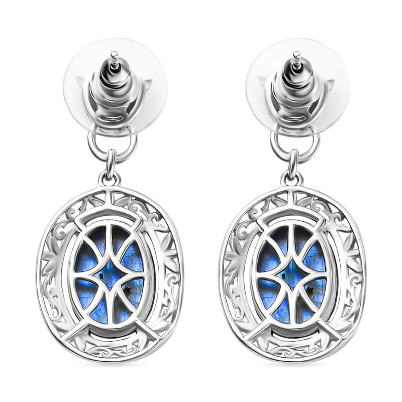 EverTrue Malagasy Labradorite 14.00 ctw Leopard Head Dangle Earrings in Platinum Bond