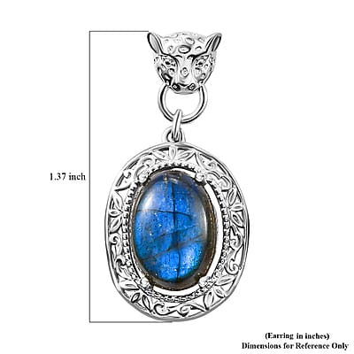 EverTrue Malagasy Labradorite 14.00 ctw Leopard Head Dangle Earrings in Platinum Bond