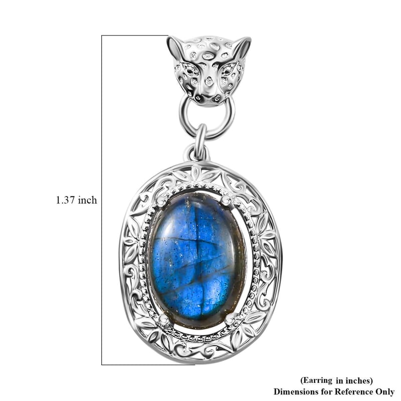 EverTrue Malagasy Labradorite 14.00 ctw Leopard Head Dangle Earrings in Platinum Bond