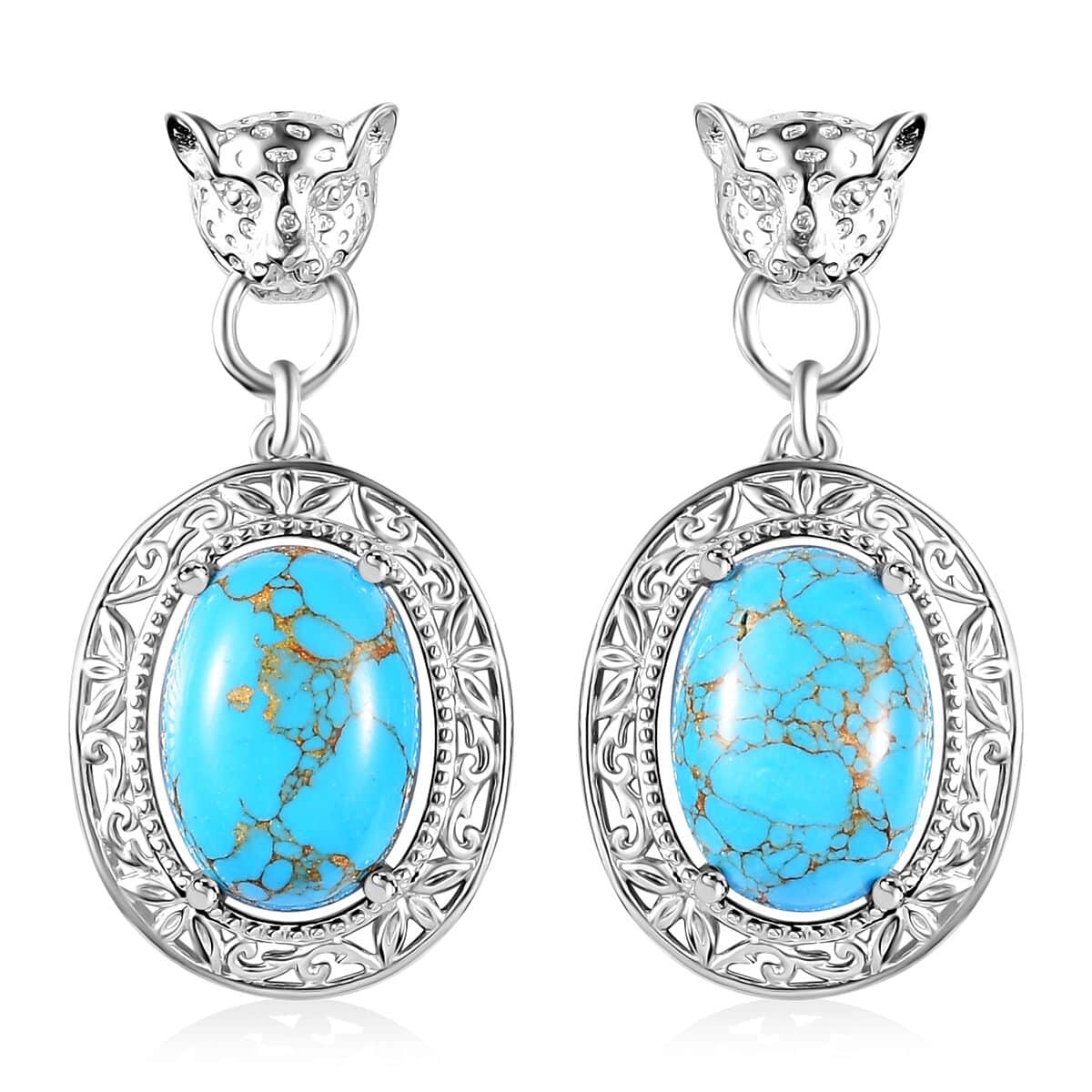 Mojave Blue Turquoise 10.50 ctw Leopard Head Dangle Earrings in Platinum Bond image number 0