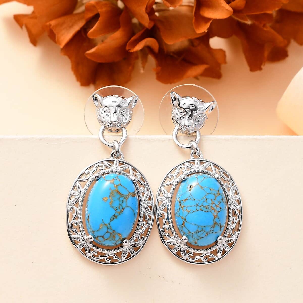 Mojave Blue Turquoise 10.50 ctw Leopard Head Dangle Earrings in Platinum Bond image number 1