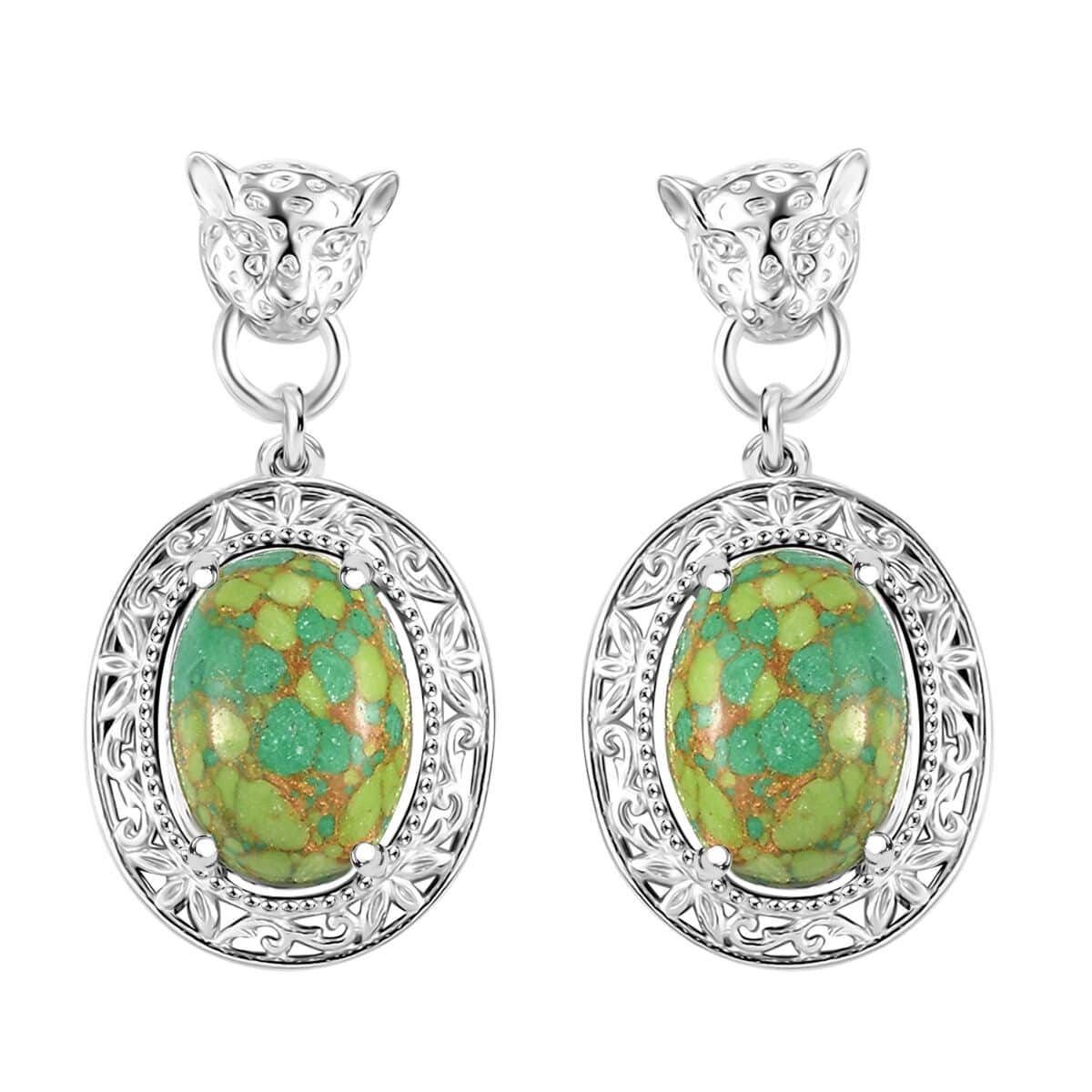 Mojave Green Turquoise 11.00 ctw Leopard Head Dangle Earrings in Platinum Bond image number 0