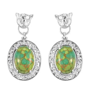 Mojave Green Turquoise 11.00 ctw Leopard Head Dangle Earrings in Platinum Bond