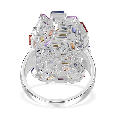Premium Multi Sapphire and Moissanite 5.50 ctw Stellar Spectrum Ring in Rhodium Over Sterling Silver (Size 10.0)