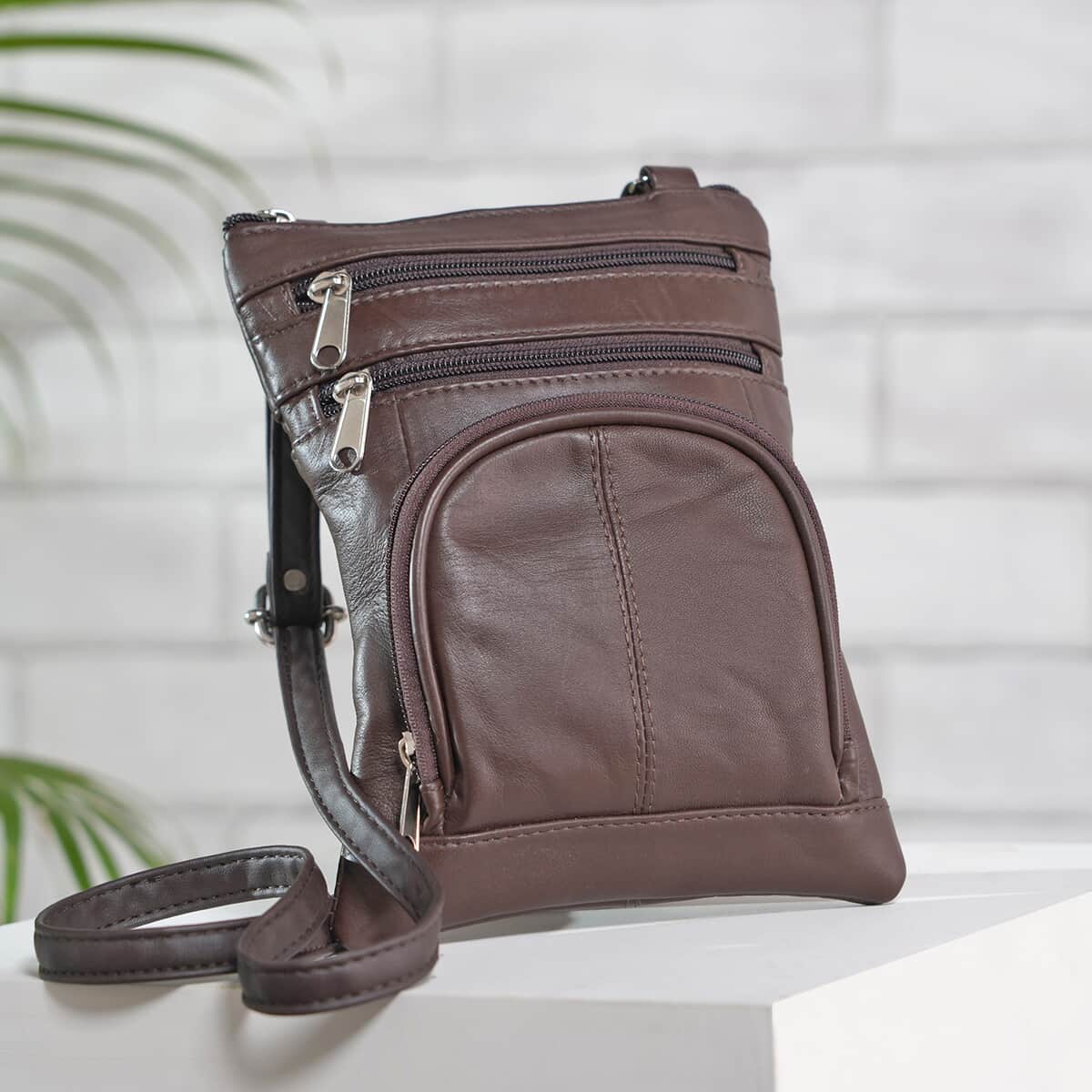 Brown 100% Genuine Leather Triple Zip Sling Crossbody Messenger RFID Bag with Adjustable Shoulder Strap image number 1