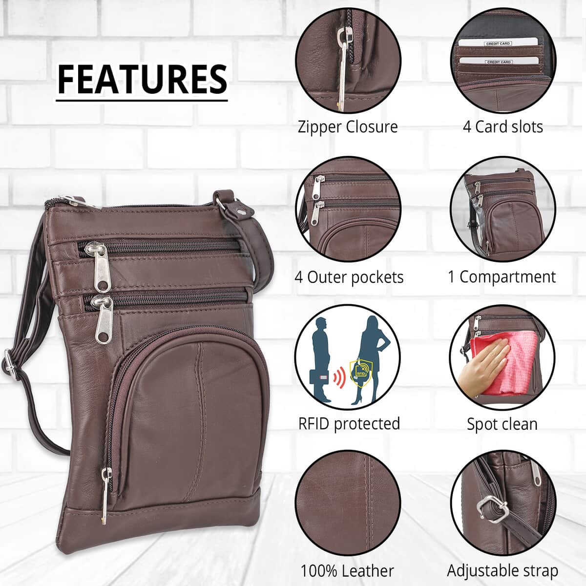 Brown 100% Genuine Leather Triple Zip Sling Crossbody Messenger RFID Bag with Adjustable Shoulder Strap image number 3
