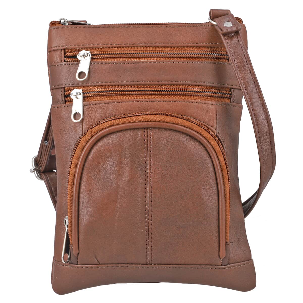 Brown 100% Genuine Leather Triple Zip Sling Crossbody Messenger RFID Bag with Adjustable Shoulder Strap image number 0