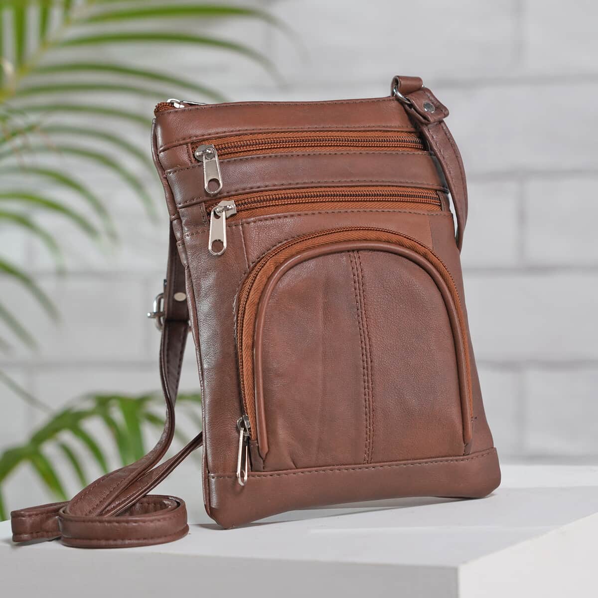 Brown 100% Genuine Leather Triple Zip Sling Crossbody Messenger RFID Bag with Adjustable Shoulder Strap image number 1