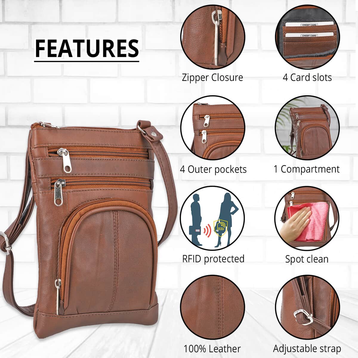 Brown 100% Genuine Leather Triple Zip Sling Crossbody Messenger RFID Bag with Adjustable Shoulder Strap image number 3