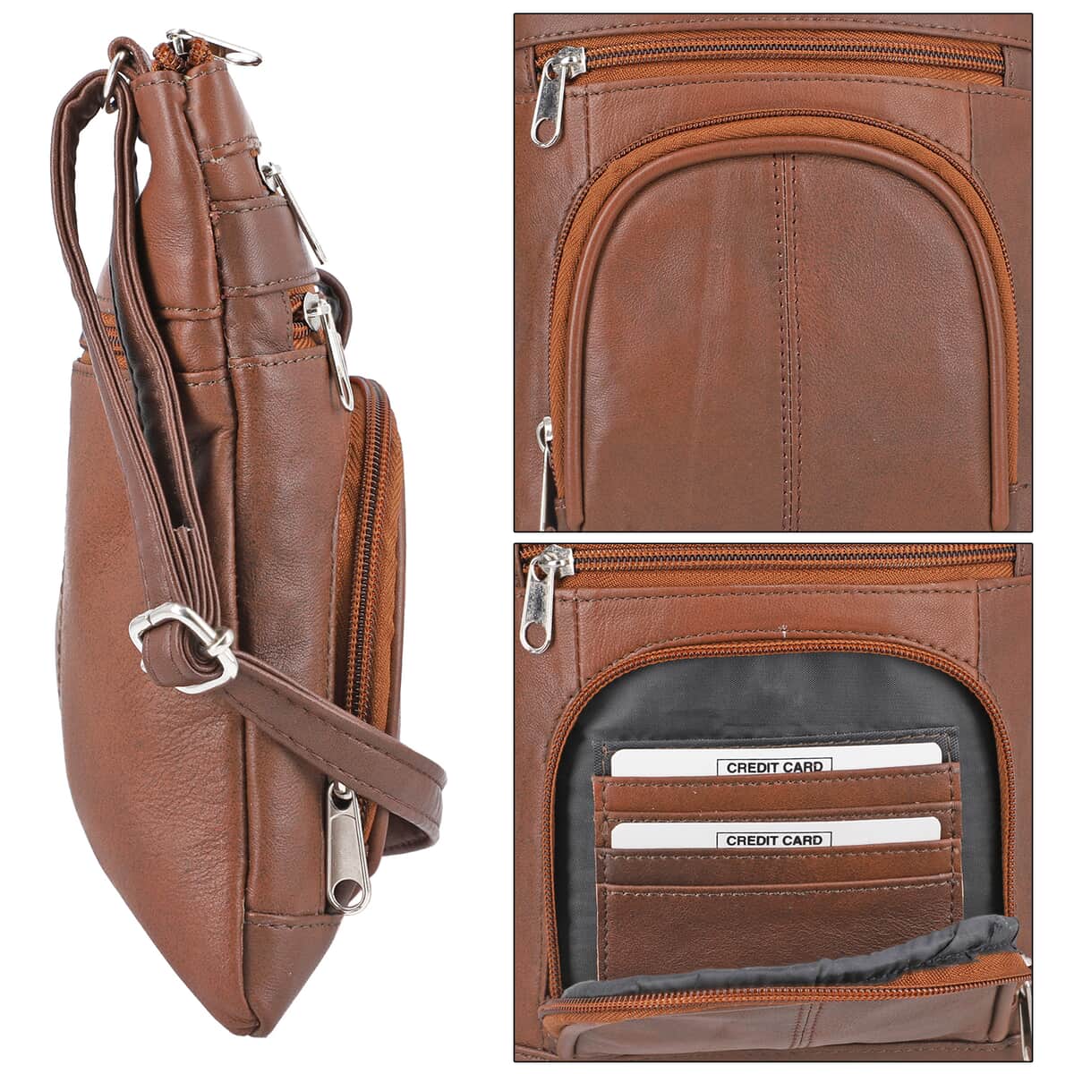 Brown 100% Genuine Leather Triple Zip Sling Crossbody Messenger RFID Bag with Adjustable Shoulder Strap image number 5