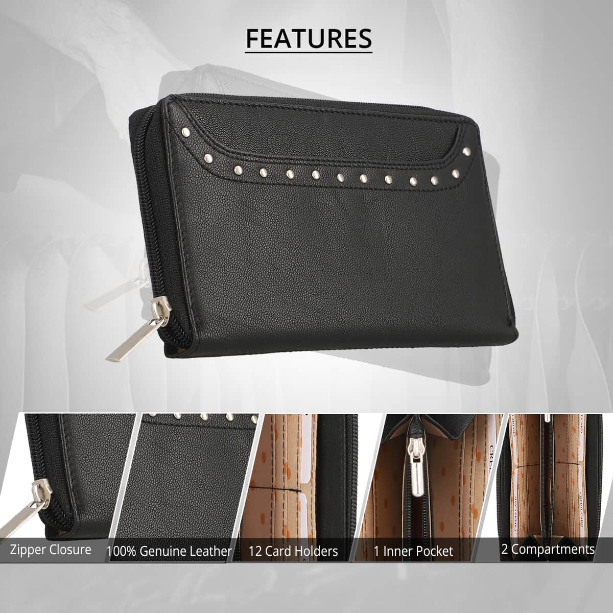 Black Genuine Leather RFID Women's Wallet (7.5"x4.5") image number 2