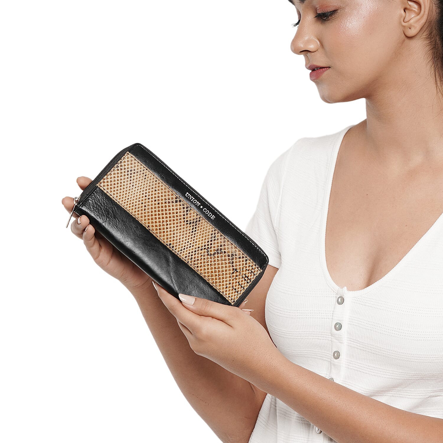 Union Code Beige Snake foil Print Genuine Leather RFID Women's Wallet