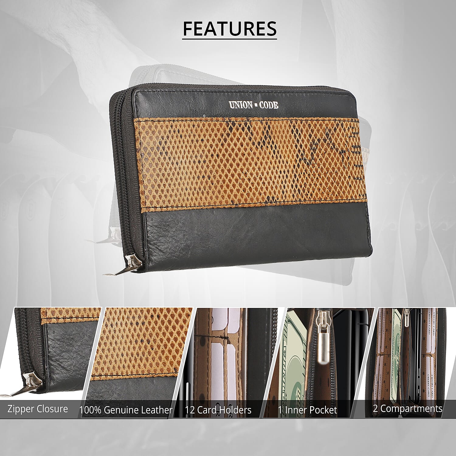 Union Code Beige Snake foil Print Genuine Leather RFID Women's Wallet