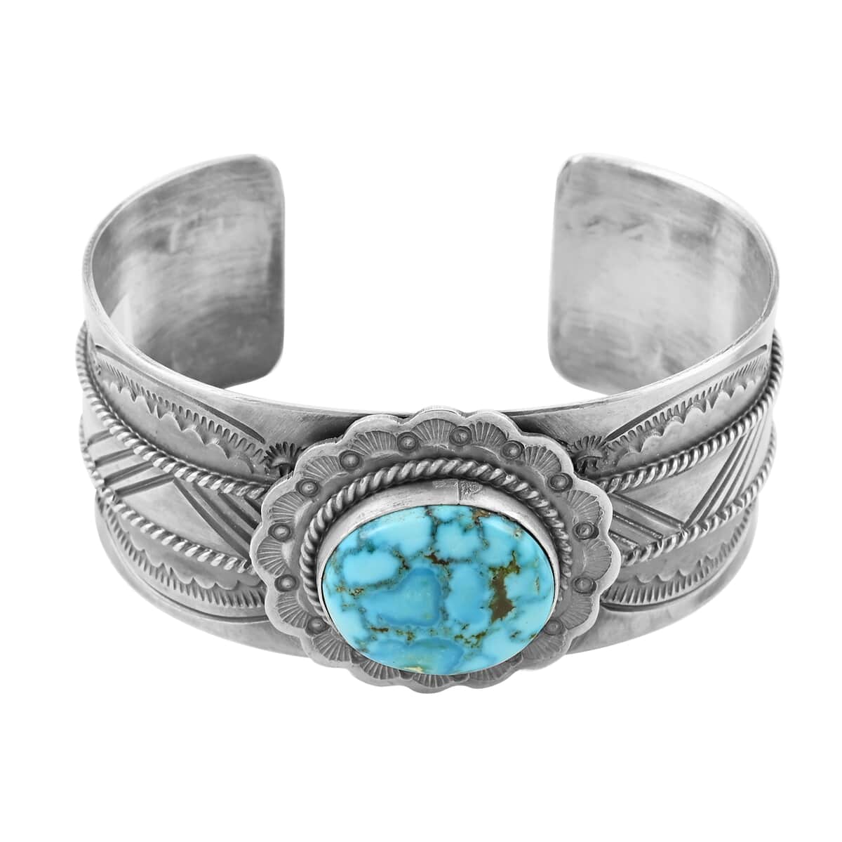 Santa Fe Style Kingman Turquoise Cuff Bracelet in Sterling Silver (6.00 In) (Made in USA) 11.50 ctw image number 0