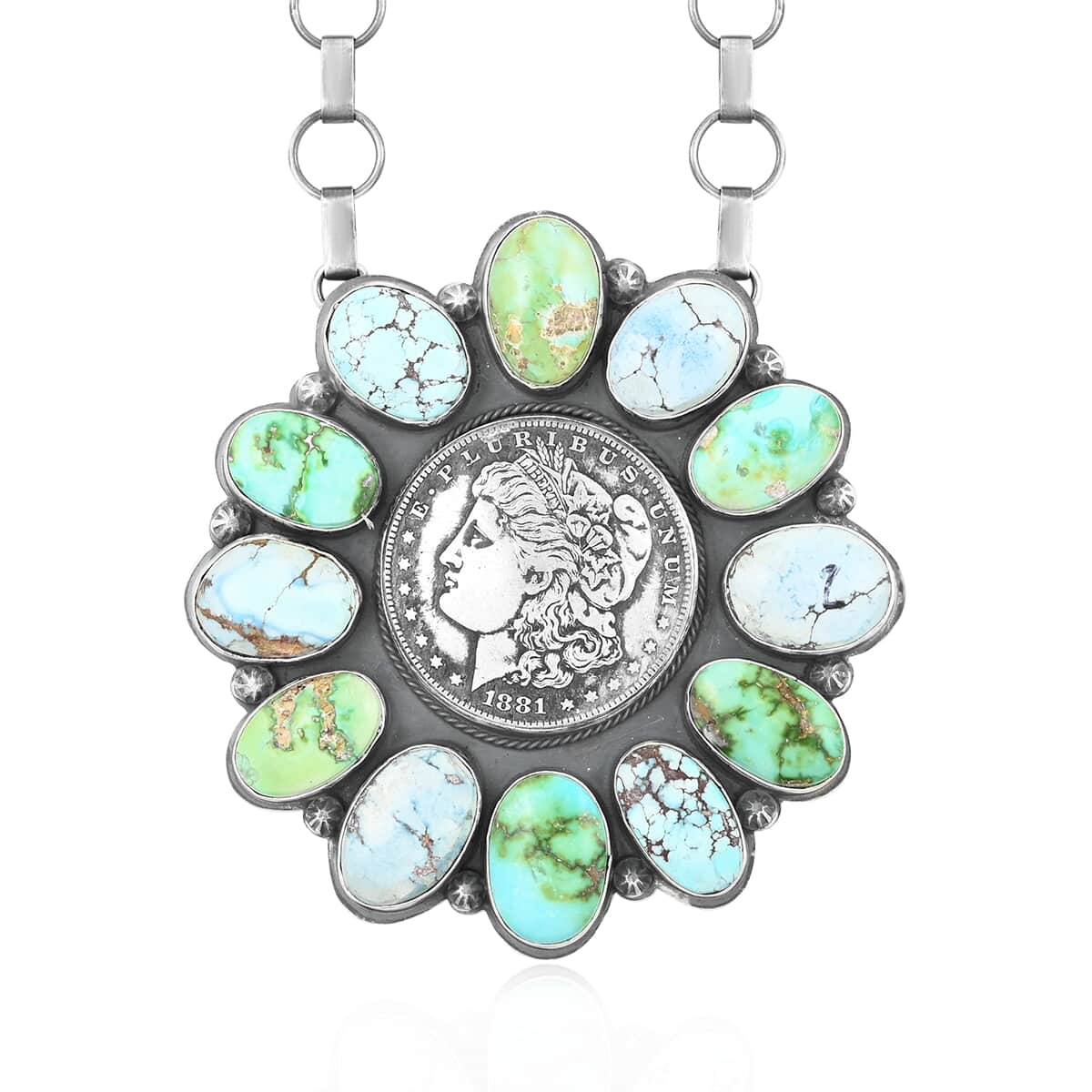 ONE OF A KIND SANTA FE Style Multi Turquoise Lucky Coin Floral Statement Necklace 30 Inches in Sterling Silver (Made in USA) 295.00 ctw image number 0