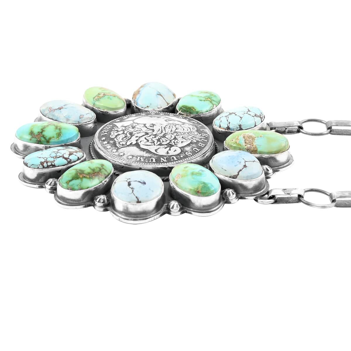 ONE OF A KIND SANTA FE Style Multi Turquoise Lucky Coin Floral Statement Necklace 30 Inches in Sterling Silver (Made in USA) 295.00 ctw image number 2