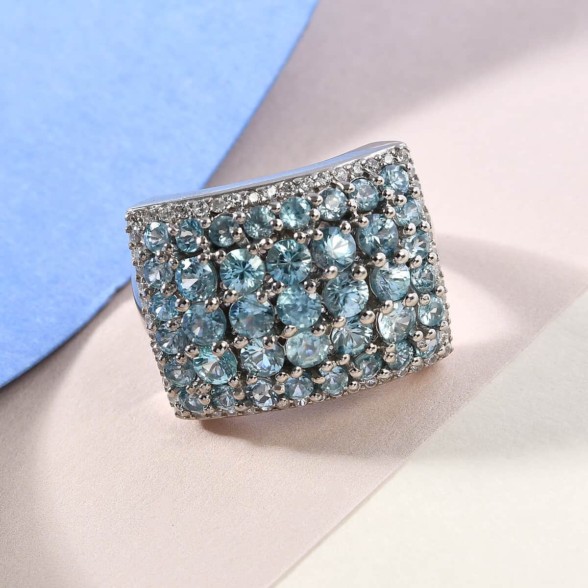 Cambodian Blue Zircon and Natural White Zircon Ring in Platinum Over Sterling Silver (Size 6.0) 4.65 ctw image number 1