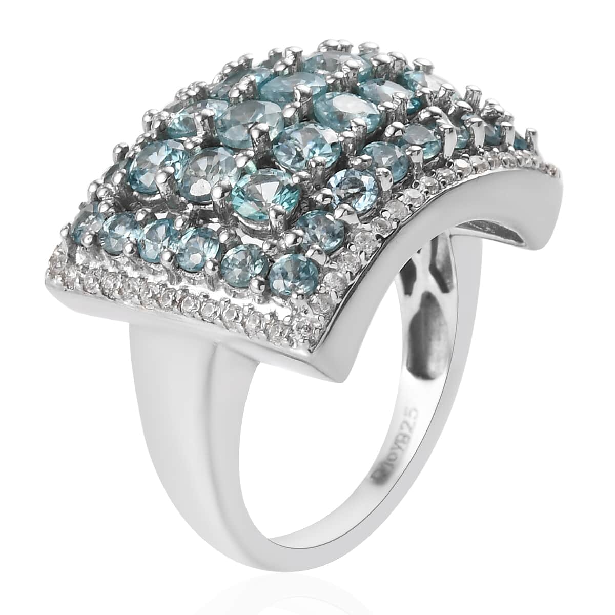 Cambodian Blue Zircon and Natural White Zircon Ring in Platinum Over Sterling Silver (Size 6.0) 4.65 ctw image number 3