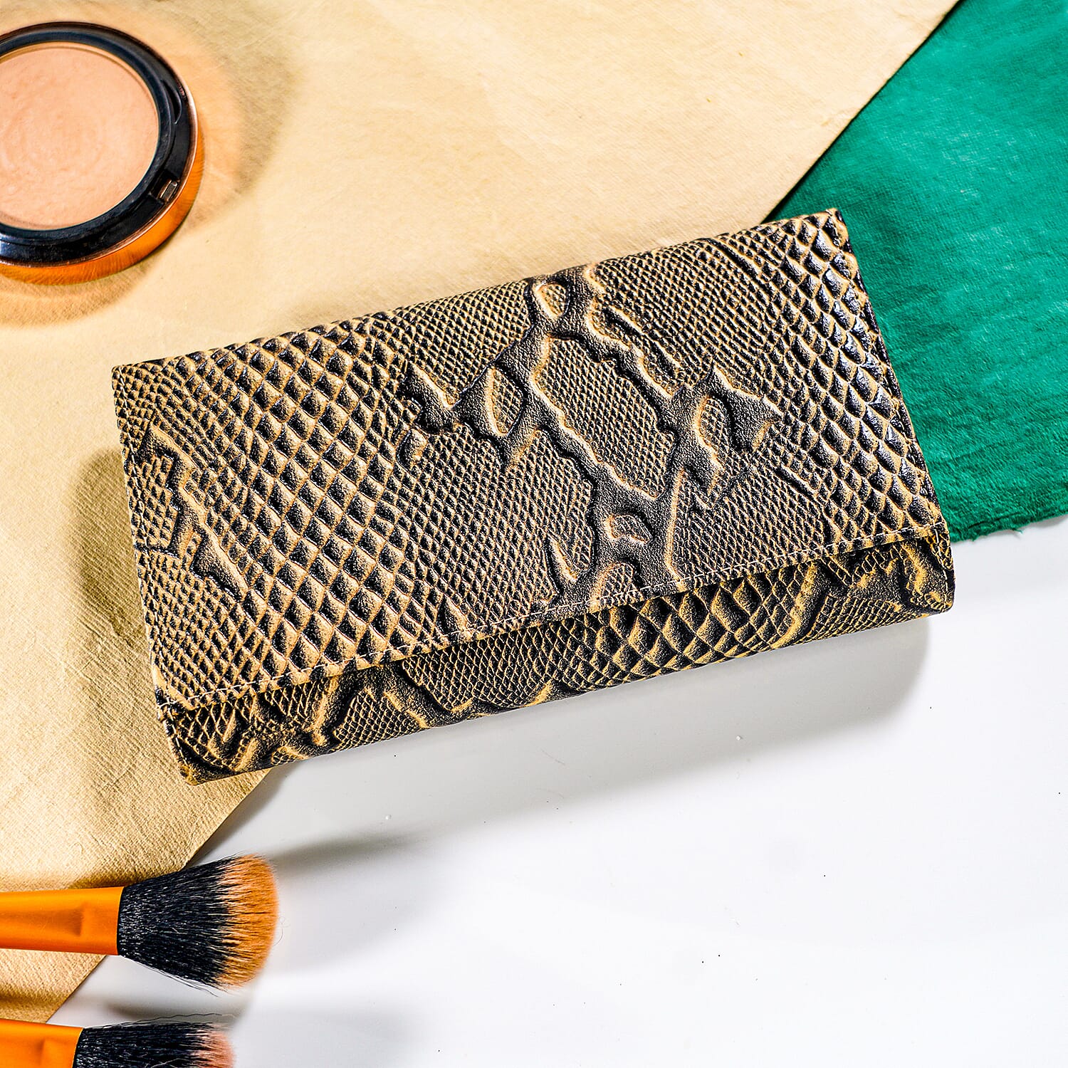 Cream Embossed Python Genuine Leather RFID Women's Wallet