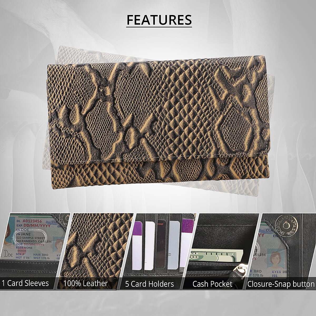Cream Embossed Python Genuine Leather RFID Women's Wallet (7"x4") image number 3