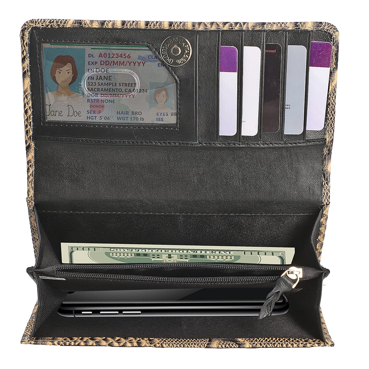 Cream Embossed Python Genuine Leather RFID Women's Wallet (7"x4") image number 5