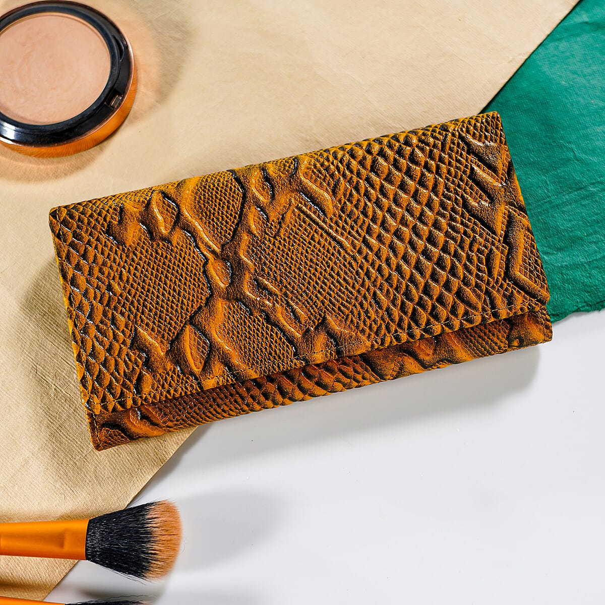 Mustard Yellow Embossed Python Genuine Leather RFID Women's Wallet image number 1