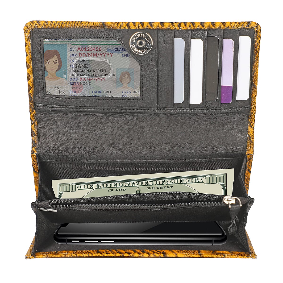 Mustard Yellow Embossed Python Genuine Leather RFID Women's Wallet image number 5