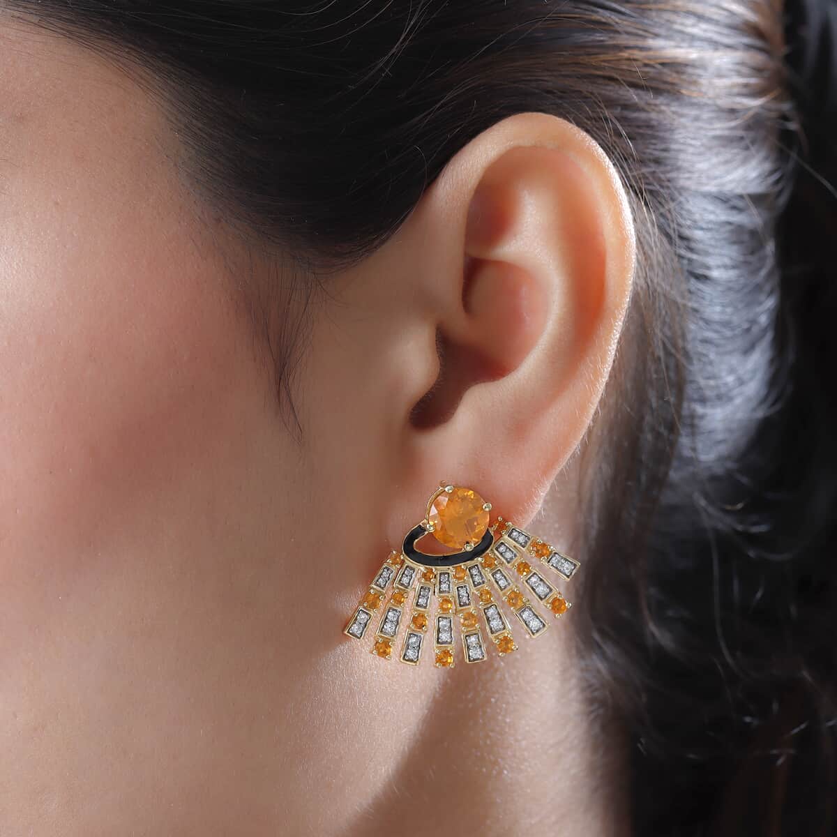 Jalisco Fire Opal and White Zircon Fancy Fan Earrings in Vermeil Yellow Gold Over Sterling Silver 4.50 ctw image number 2