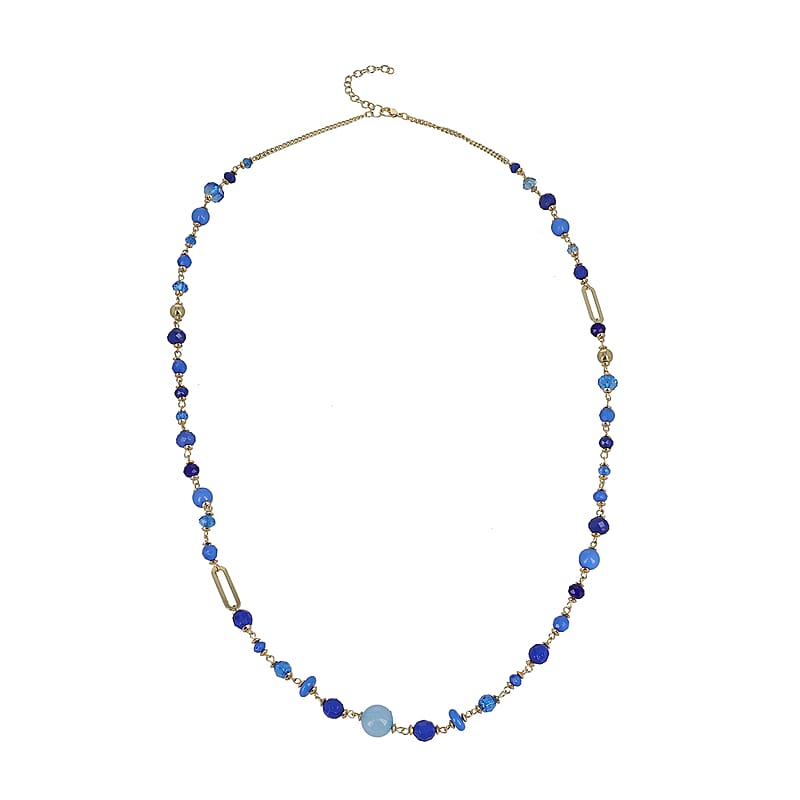 Blue Glass Beaded Necklace in Goldtone 36-38 Inches