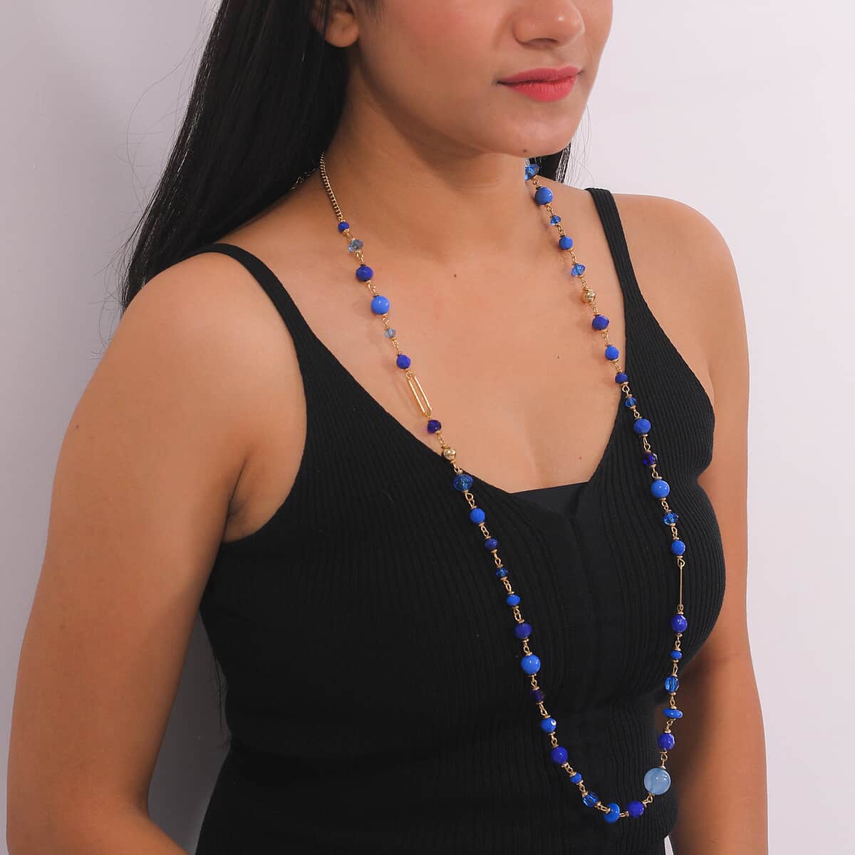Blue Glass Beaded Necklace 36-38 Inches in Goldtone image number 1
